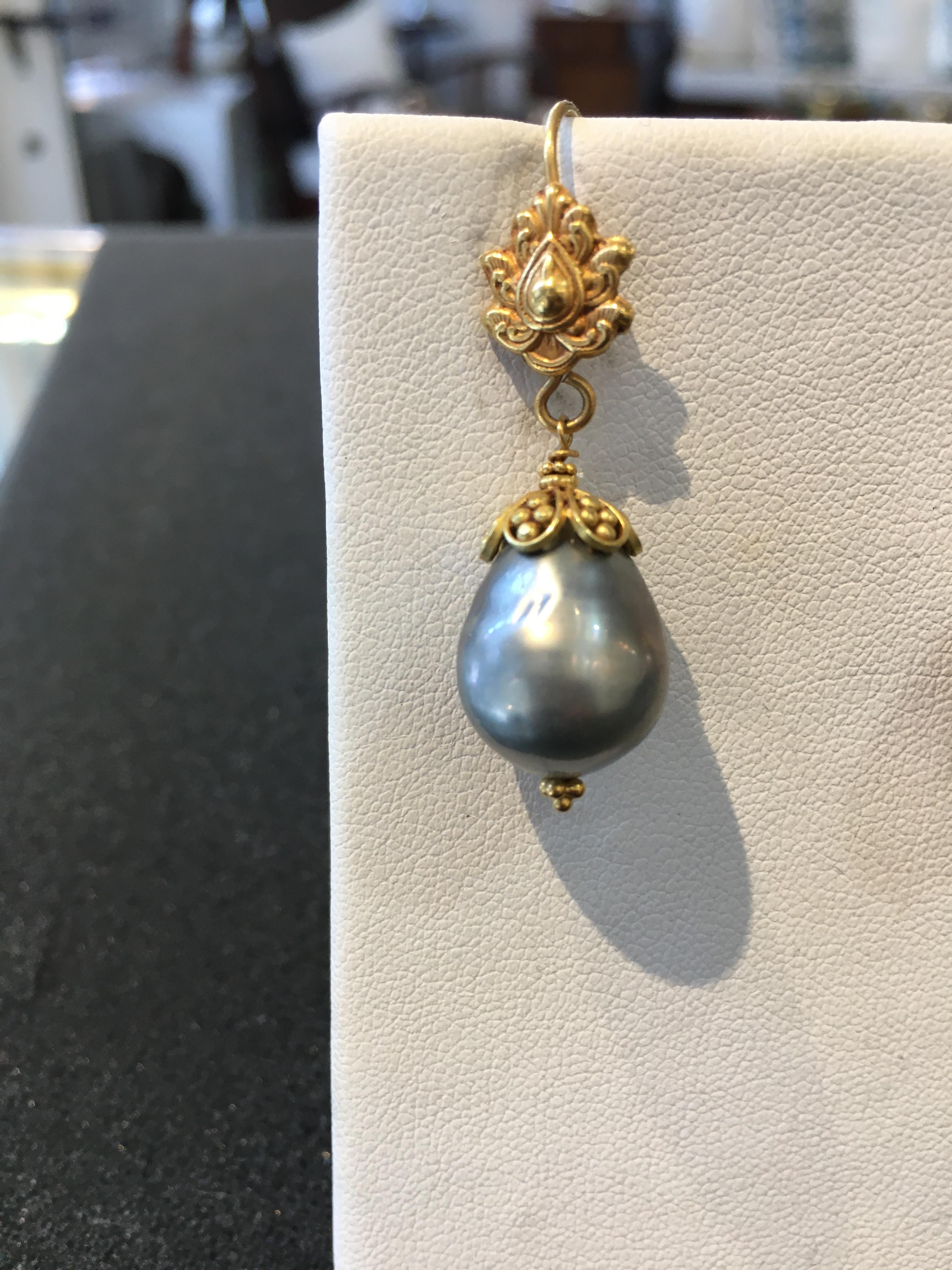 Tahitian Pearl and 22 Karat Gold Drop Earrings by Deborah Lockhart ...