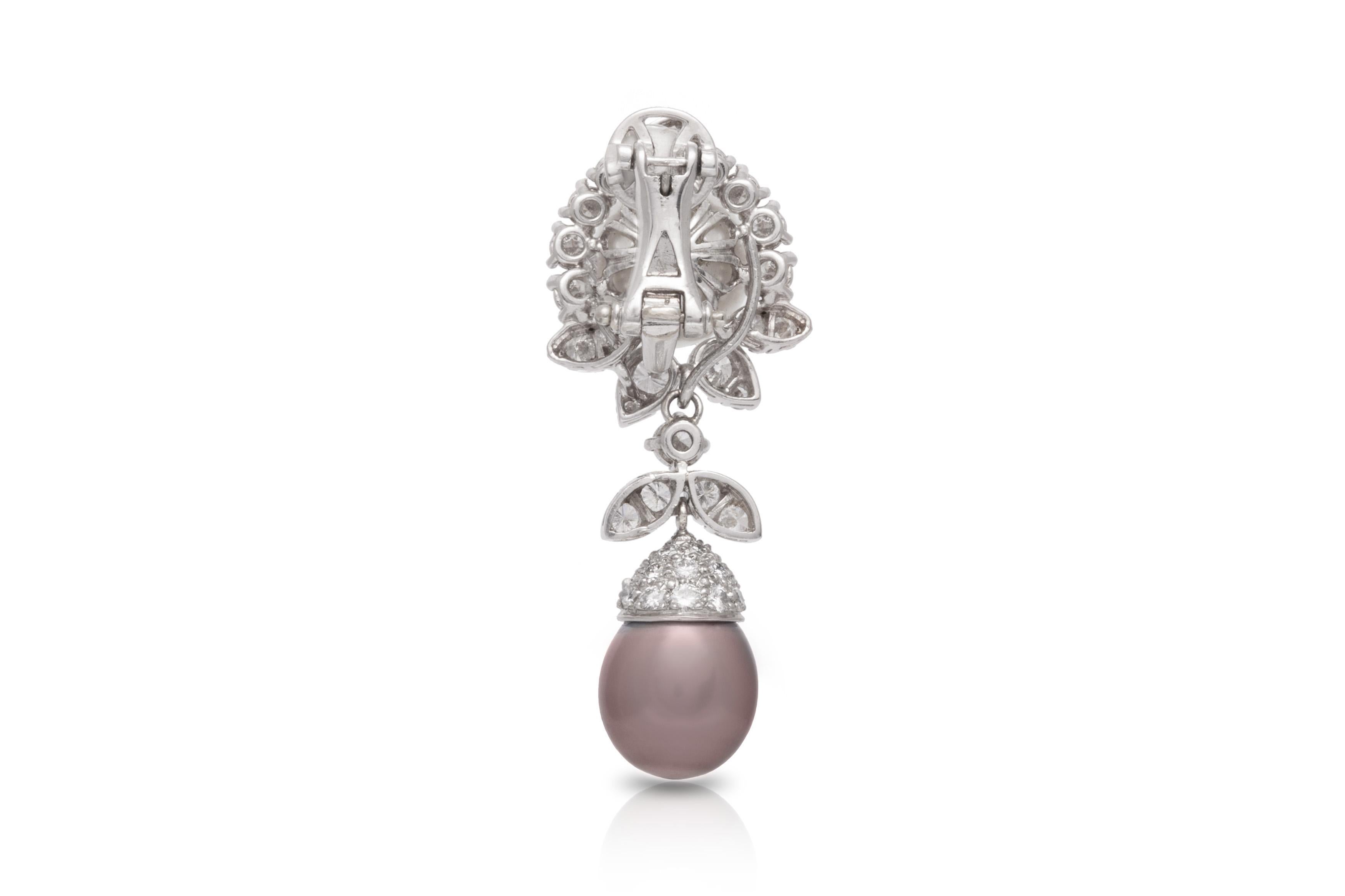 Round Cut Tahitian Pearl and 5.84 Carat Diamond Dangle Earrings For Sale