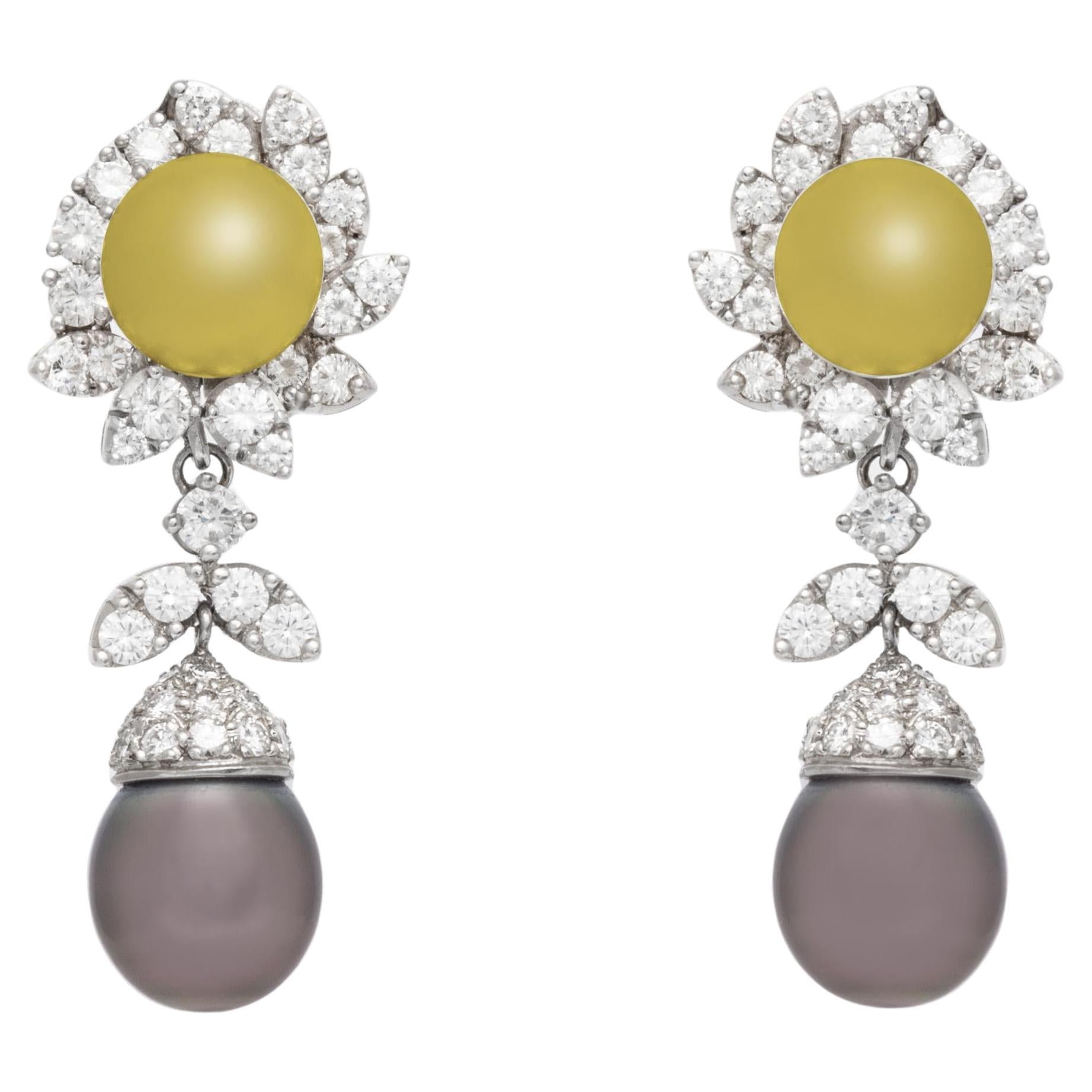 Tahitian Pearl and 5.84 Carat Diamond Dangle Earrings For Sale