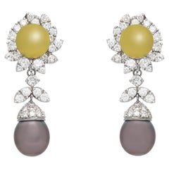Tahitian Pearl and 5.84 Carat Diamond Dangle Earrings