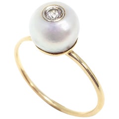 Tahitian Pearl and Bezel Diamond 14 Karat Gold Ring, Band Tahitian Pearl and Bezel Diamond 14 Karat Gold Ring, Band