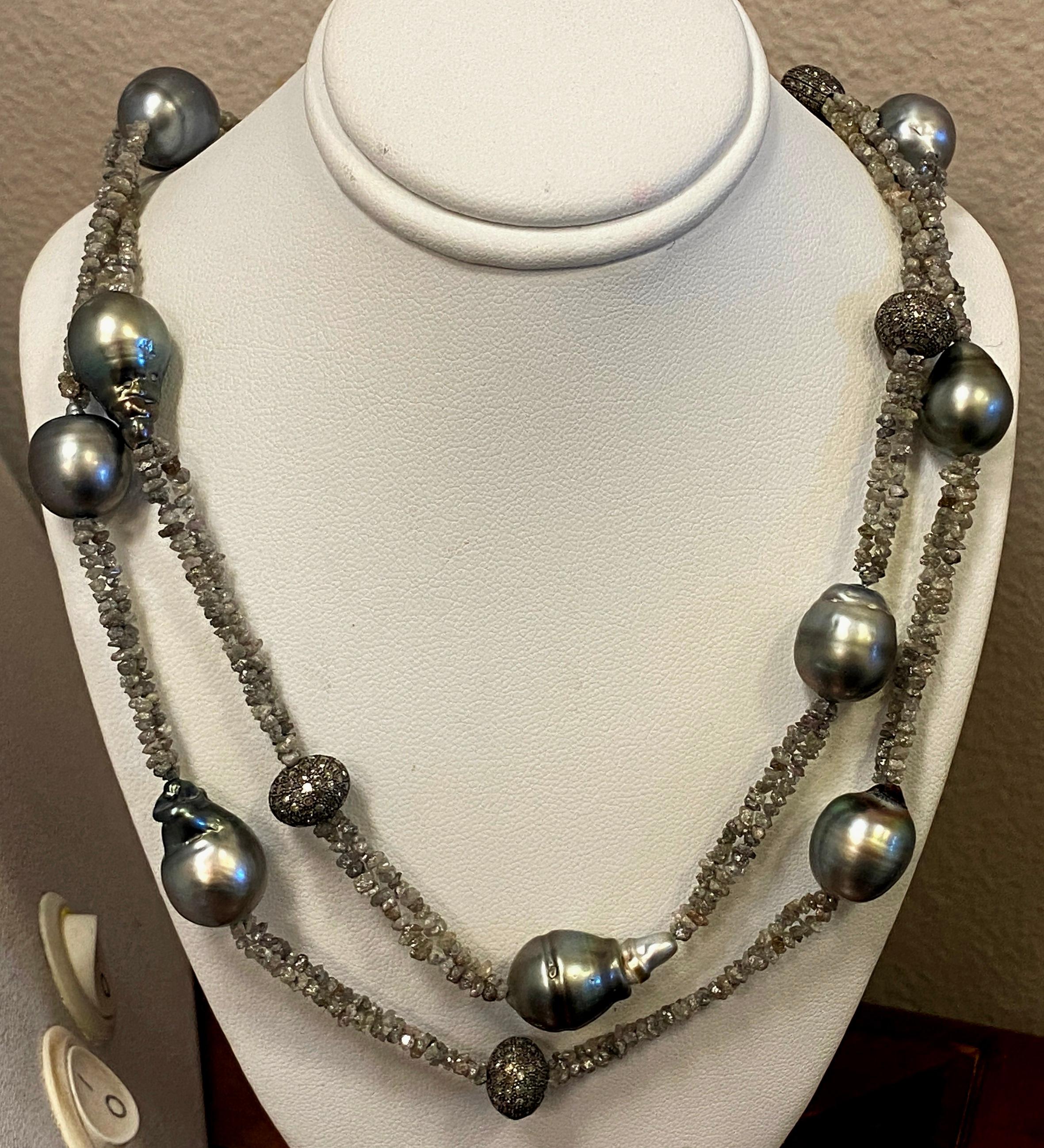 Round Cut Tahitian Pearl and Black Diamond Necklace For Sale