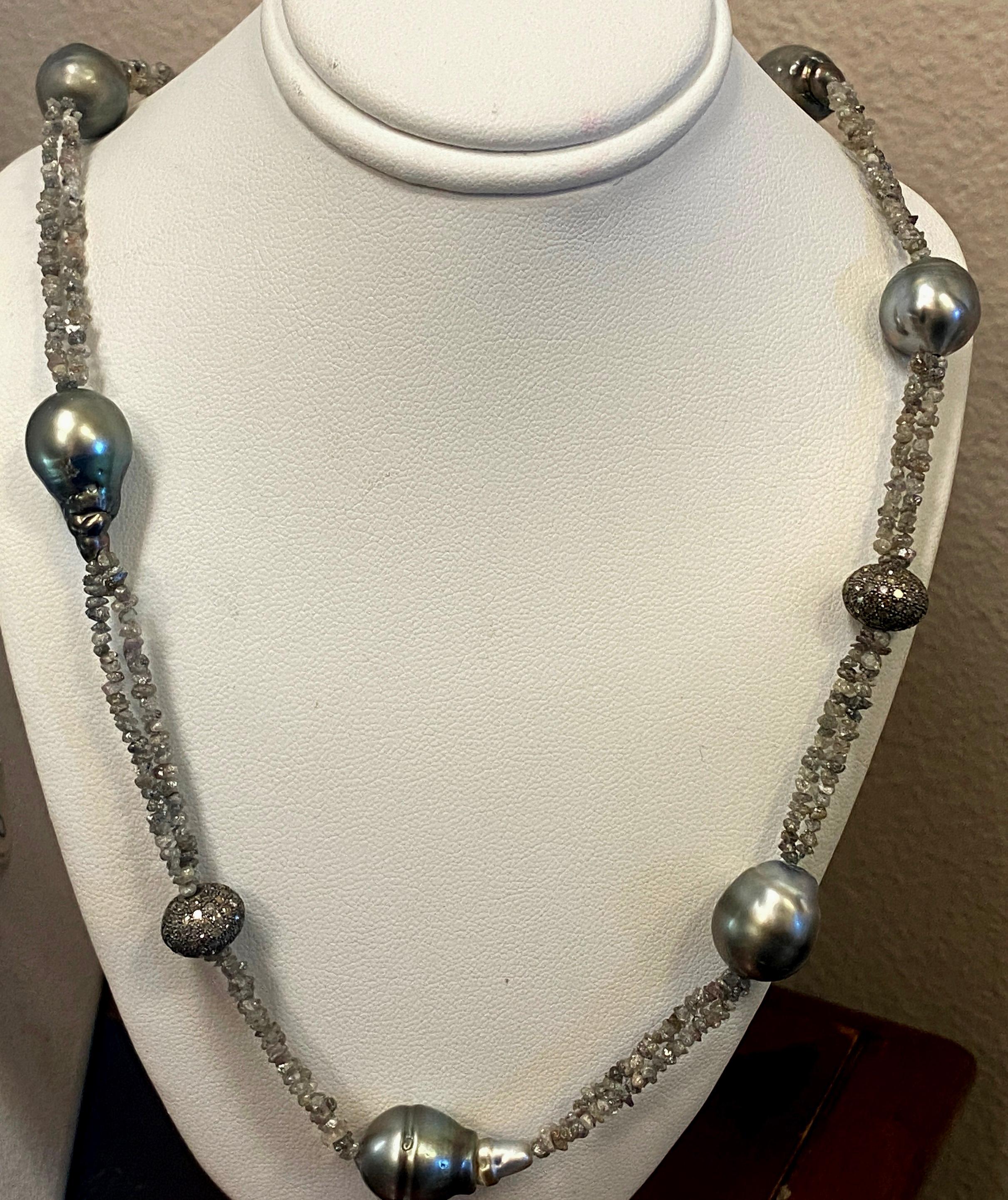 Women's or Men's Tahitian Pearl and Black Diamond Necklace For Sale
