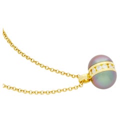 Tahitian Pearl and Channel Set Diamond 18k Gold Pendant Necklace