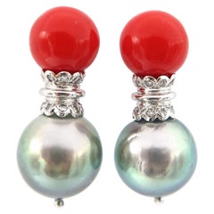Tahitian Pearl and Coral Diamond Scallop Detail Drop Earrings
