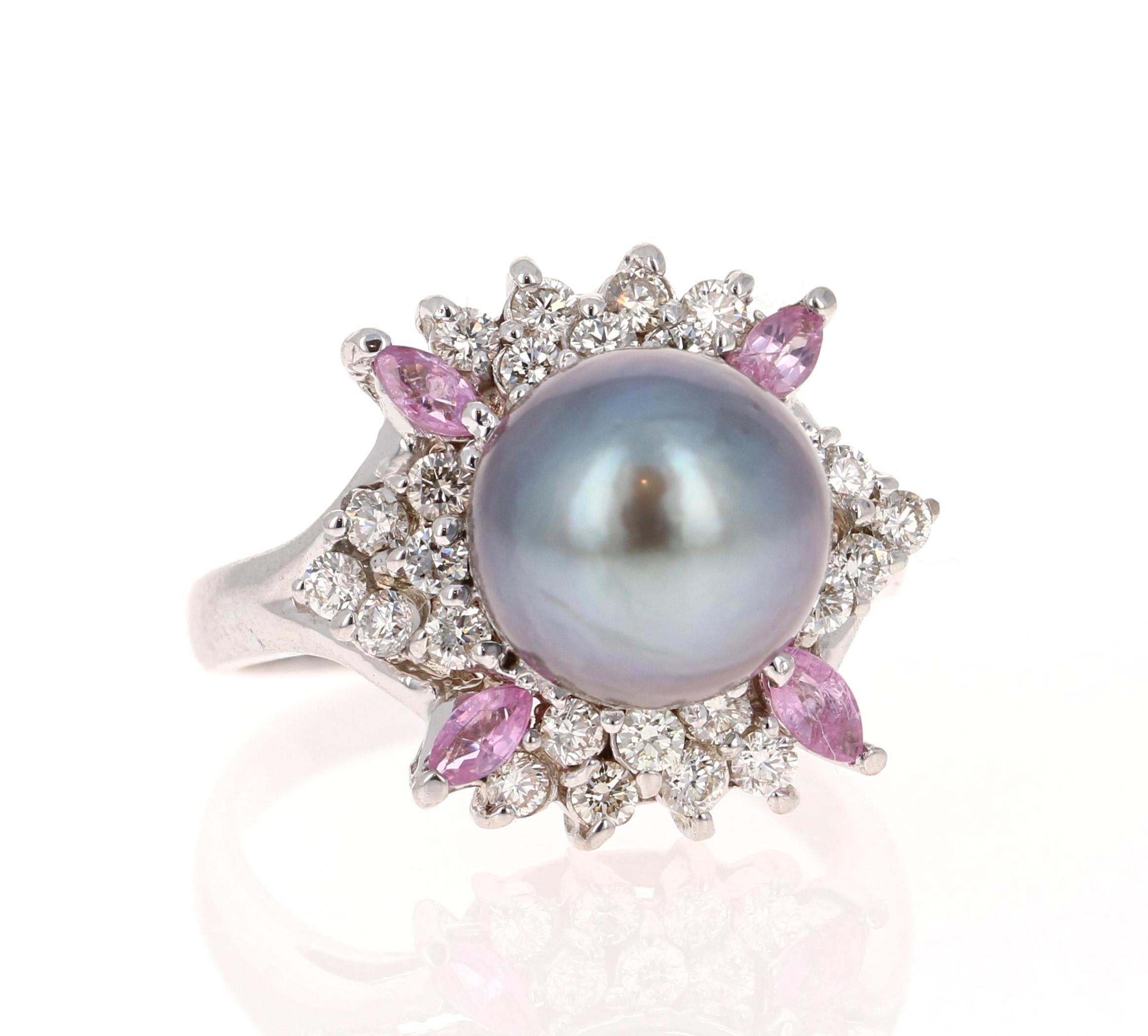 Contemporary Tahitian Pearl and Diamond 14 Karat White Gold Cocktail Ring For Sale