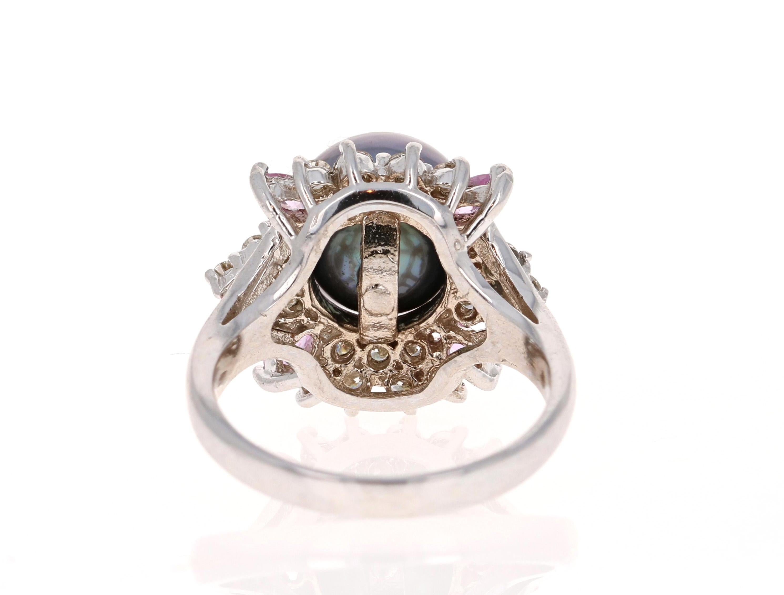 Round Cut Tahitian Pearl and Diamond 14 Karat White Gold Cocktail Ring For Sale