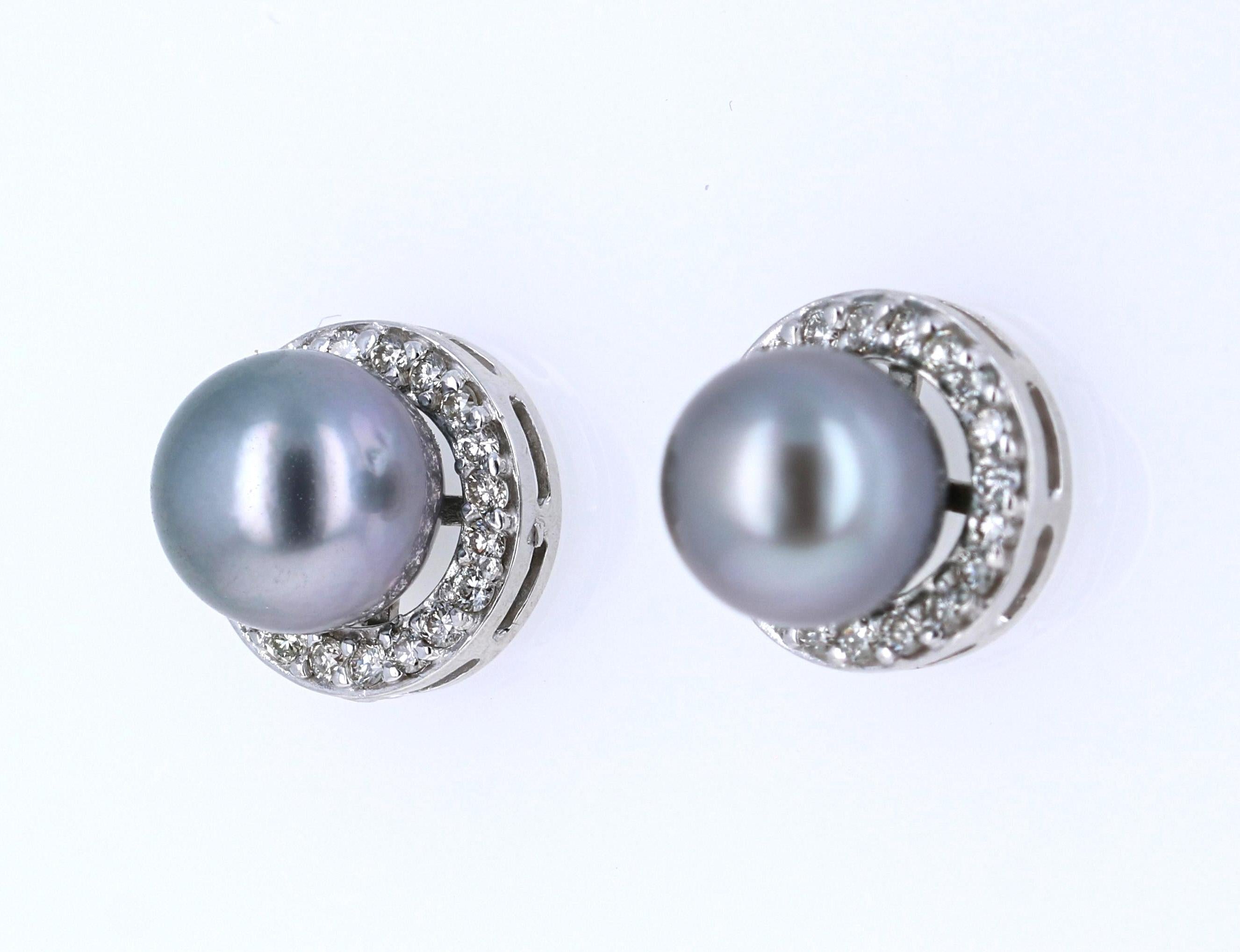 Contemporary Tahitian Pearl and Diamond 14 Karat White Gold Earrings For Sale