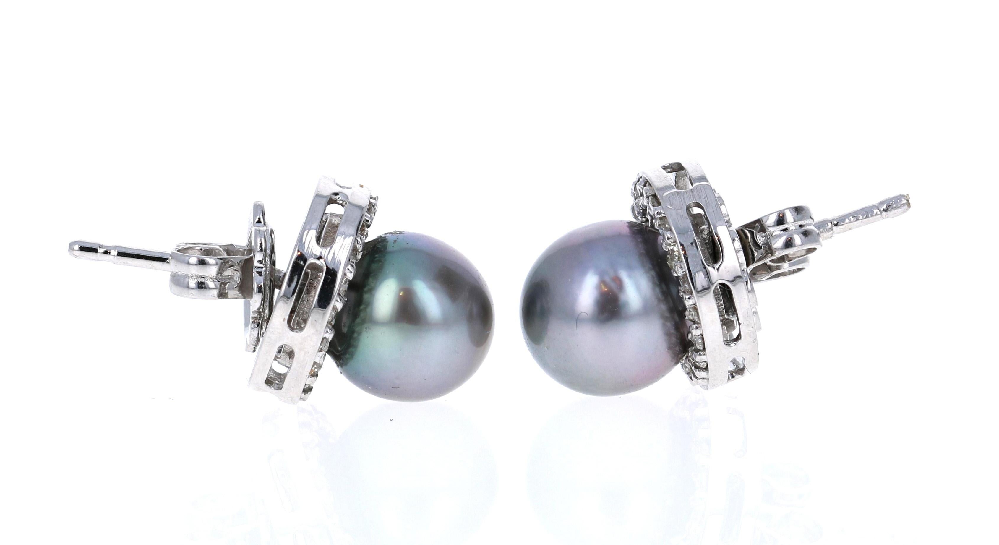Round Cut Tahitian Pearl and Diamond 14 Karat White Gold Earrings For Sale