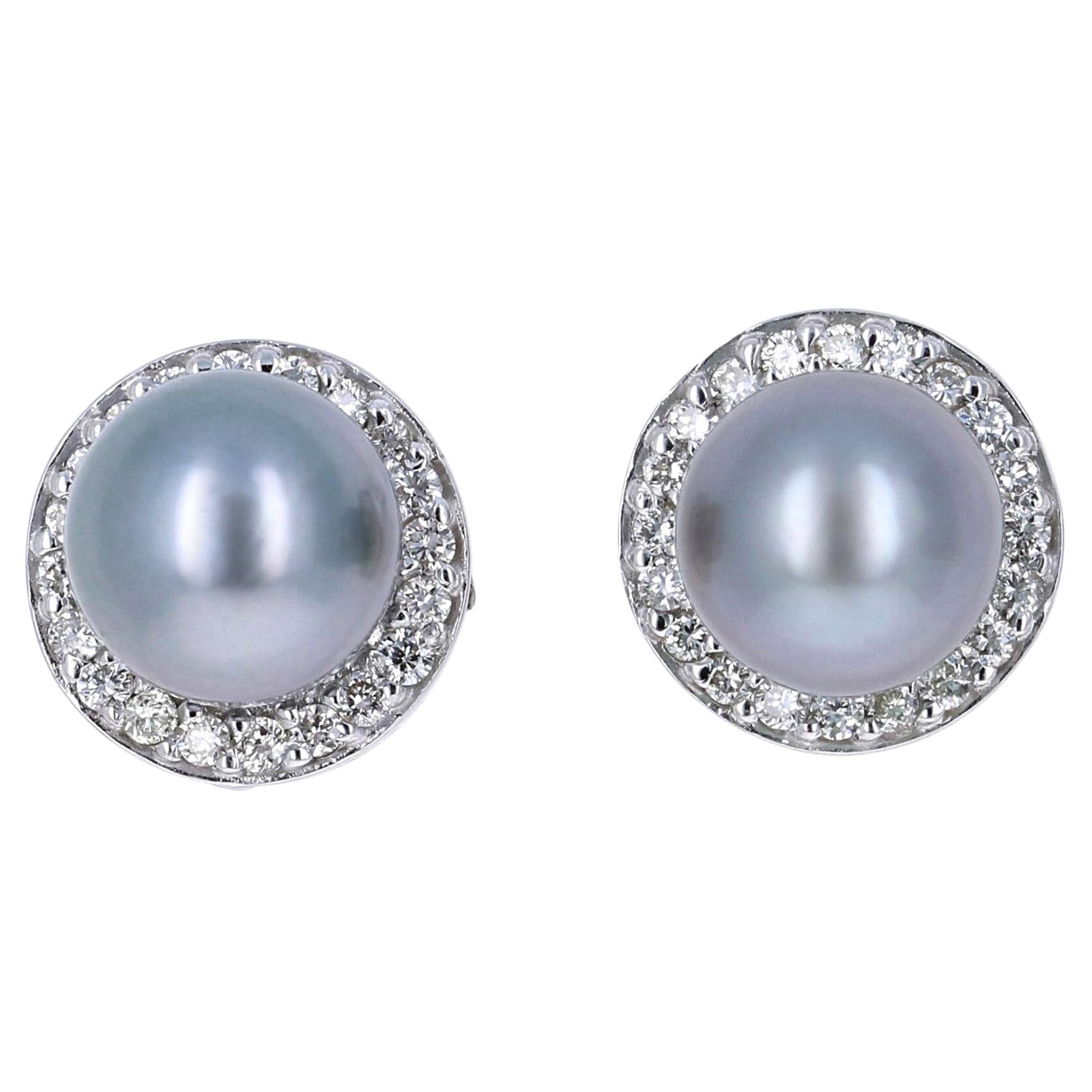 Boucles d'oreilles or blanc 14 carats perles de Tahiti et diamants