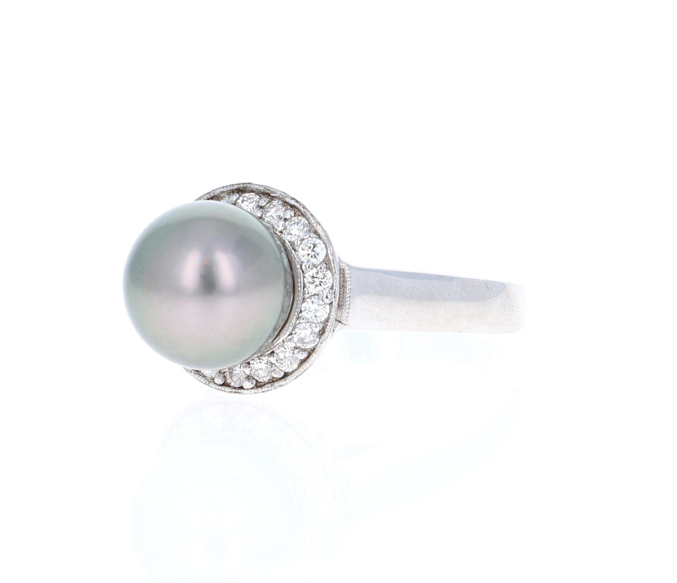 Contemporary Tahitian Pearl and Diamond 14 Karat White Gold Ring For Sale