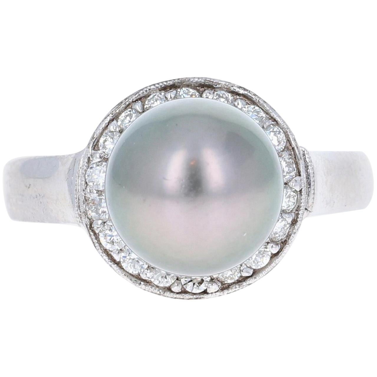 Tahitian Pearl and Diamond 14 Karat White Gold Ring For Sale