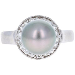 Tahitian Pearl and Diamond 14 Karat White Gold Ring