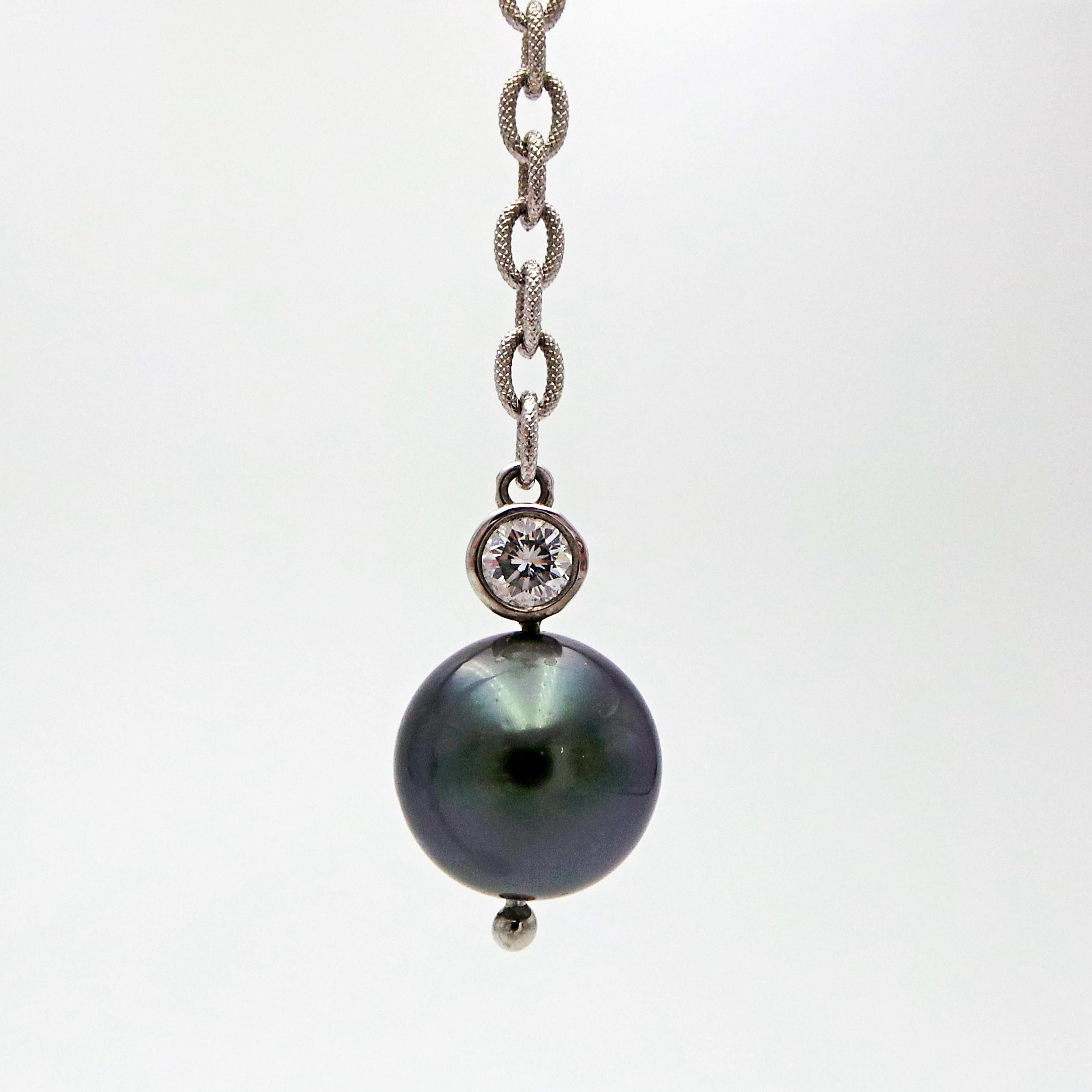 Round Cut Tahitian Pearl and Diamond White Gold Dangle Earrings For Sale