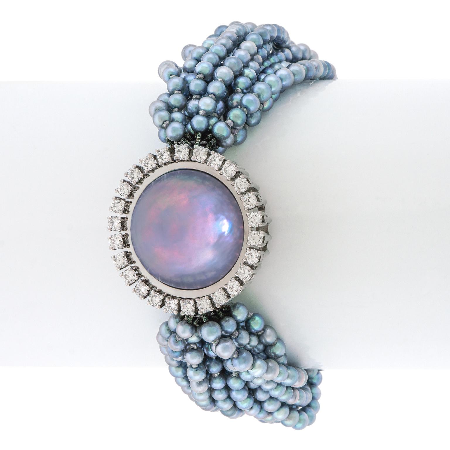 Round Cut Tahitian Pearl and Diamond Bracelet