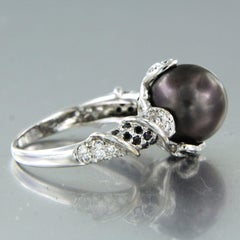 Tahitian Pearl and Diamond Cocktail Ring in 18k White Gold, Size 5.75