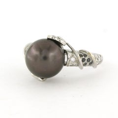 Tahitian Pearl and Diamond Cocktail Ring in 18k White Gold, Size 5.75