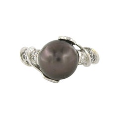 Tahitian Pearl and Diamond Cocktail Ring in 18k White Gold, Size 5.75