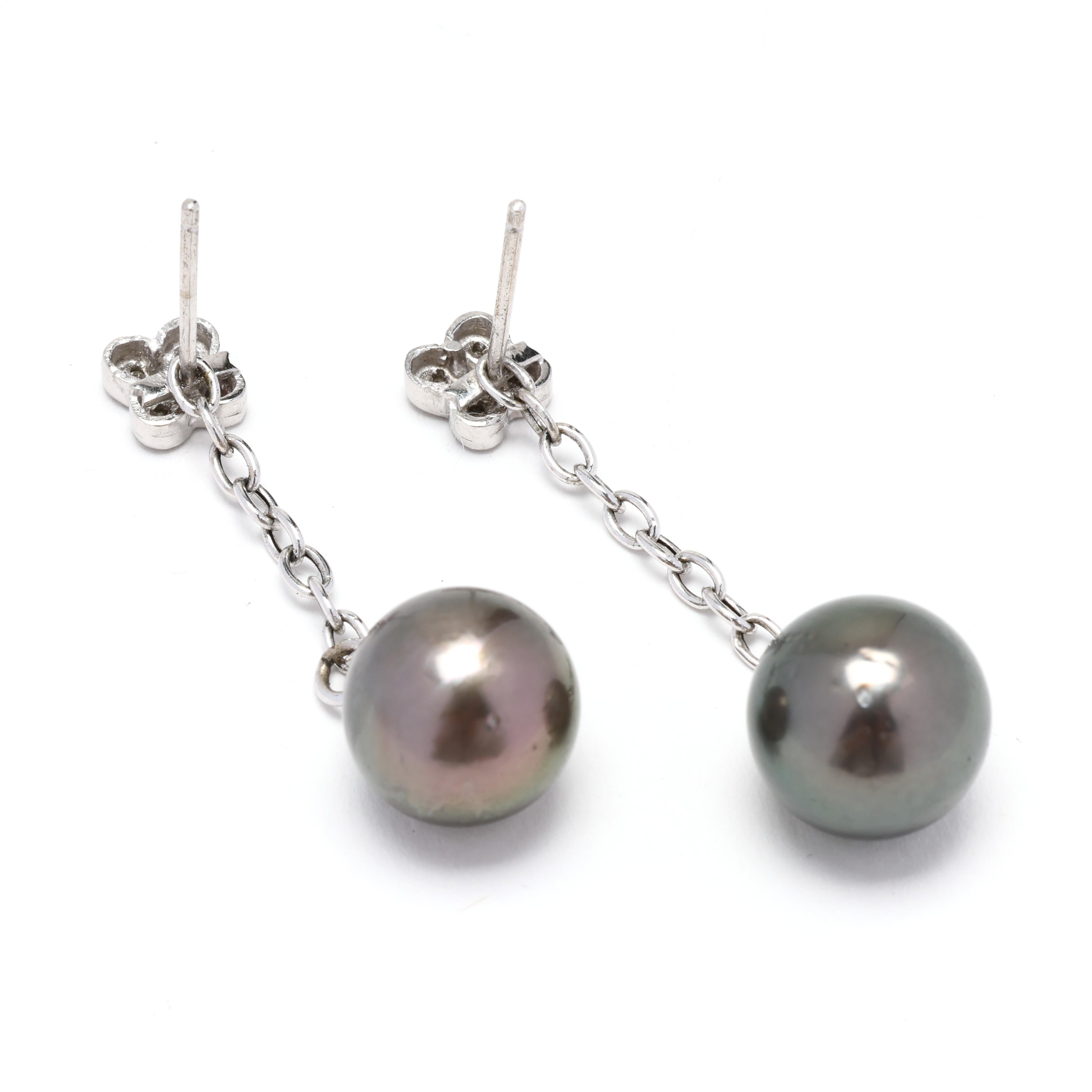 Round Cut Tahitian Pearl and Diamond Dangle Earrings, 14k White Gold, Length 1.75 Inches For Sale
