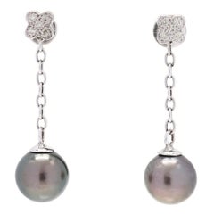 Orecchini pendenti con perle di Tahiti e diamanti, oro bianco 14k, lunghezza 1,75 pollici