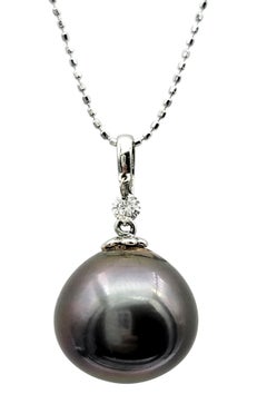 Tahitian Pearl and Diamond Dangle Pendant Necklace with 18 Karat Gold Ball Chain