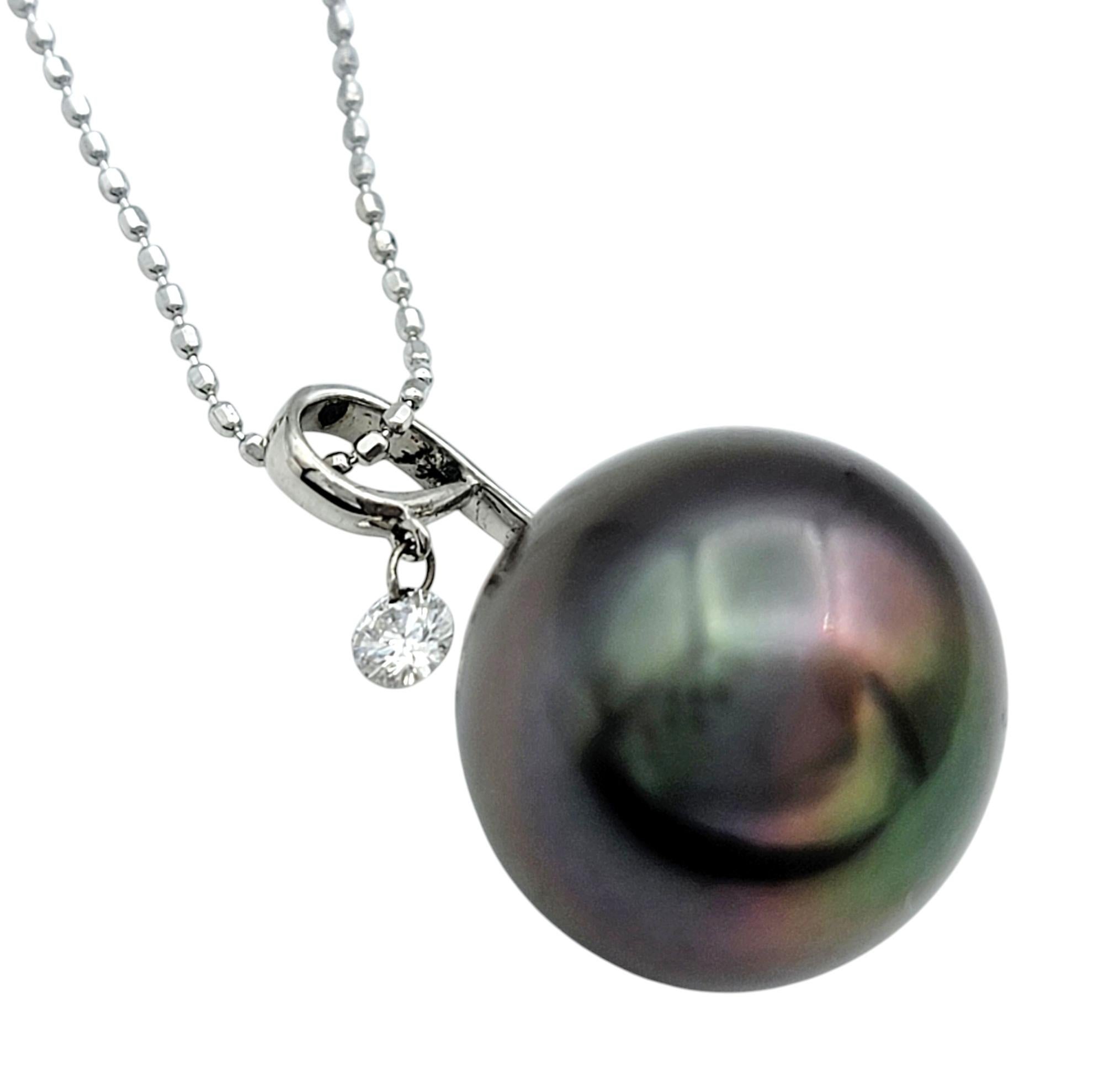 Contemporary Tahitian Pearl and Diamond Dangle Pendant Necklace with 18 Karat Gold Ball Chain For Sale