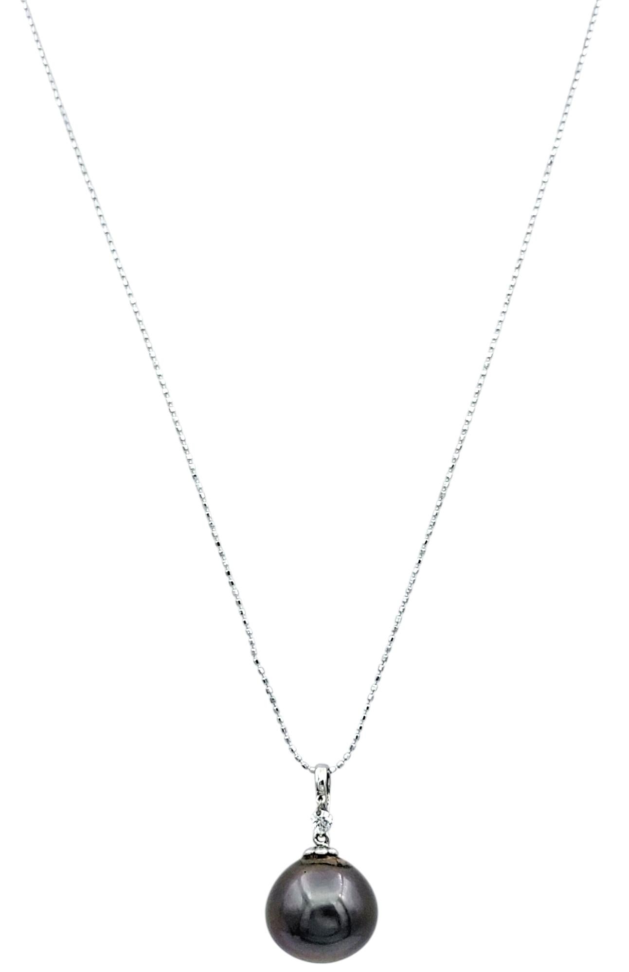Round Cut Tahitian Pearl and Diamond Dangle Pendant Necklace with 18 Karat Gold Ball Chain For Sale