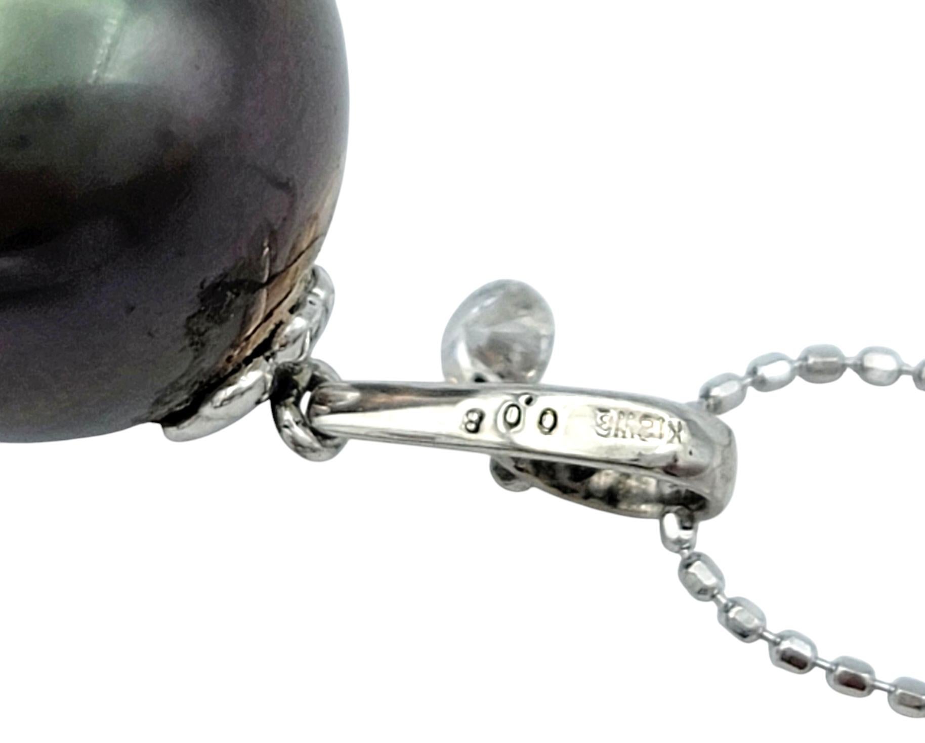 Tahitian Pearl and Diamond Dangle Pendant Necklace with 18 Karat Gold Ball Chain In Good Condition For Sale In Scottsdale, AZ