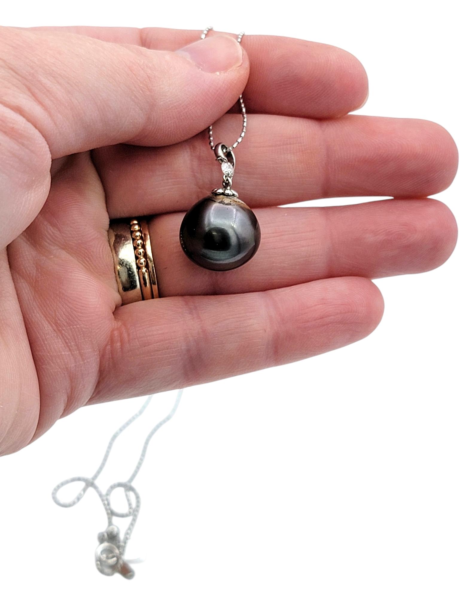 Tahitian Pearl and Diamond Dangle Pendant Necklace with 18 Karat Gold Ball Chain For Sale 2