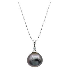 Tahitian Pearl and Diamond Dangle Pendant Necklace with 18 Karat Gold Ball Chain