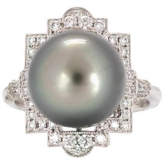 Anillo estilo Deco de Perla de Tahití y Diamante de 12,15 mm engastado en Platino