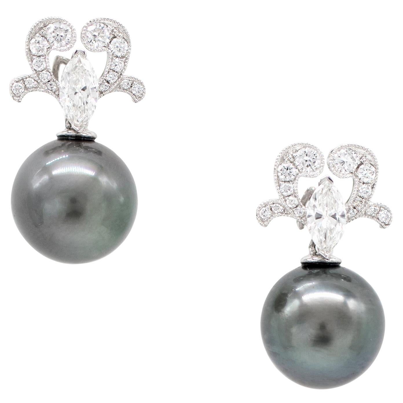 11.5 mm Tahitian Pearls with Diamonds Earrings in Platinum - Detachable Pearls For Sale