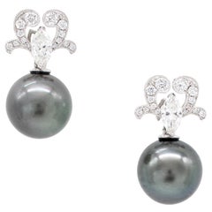 11.5 mm Tahitian Pearls with Diamonds Earrings in Platinum - Detachable Pearls
