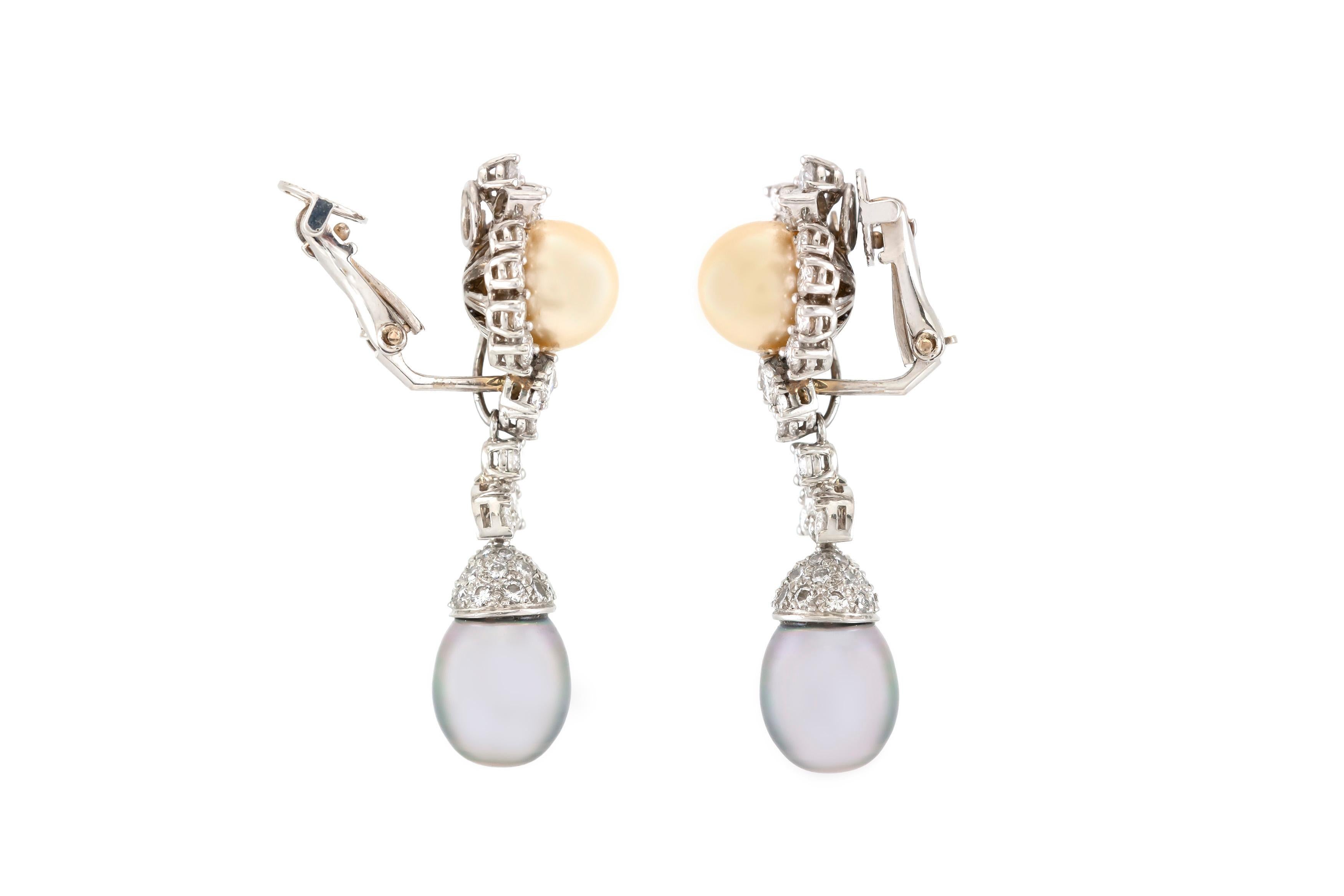 Women's 5.36 Carat Diamond and Tahitian Pearl Drop Earrings For Sale