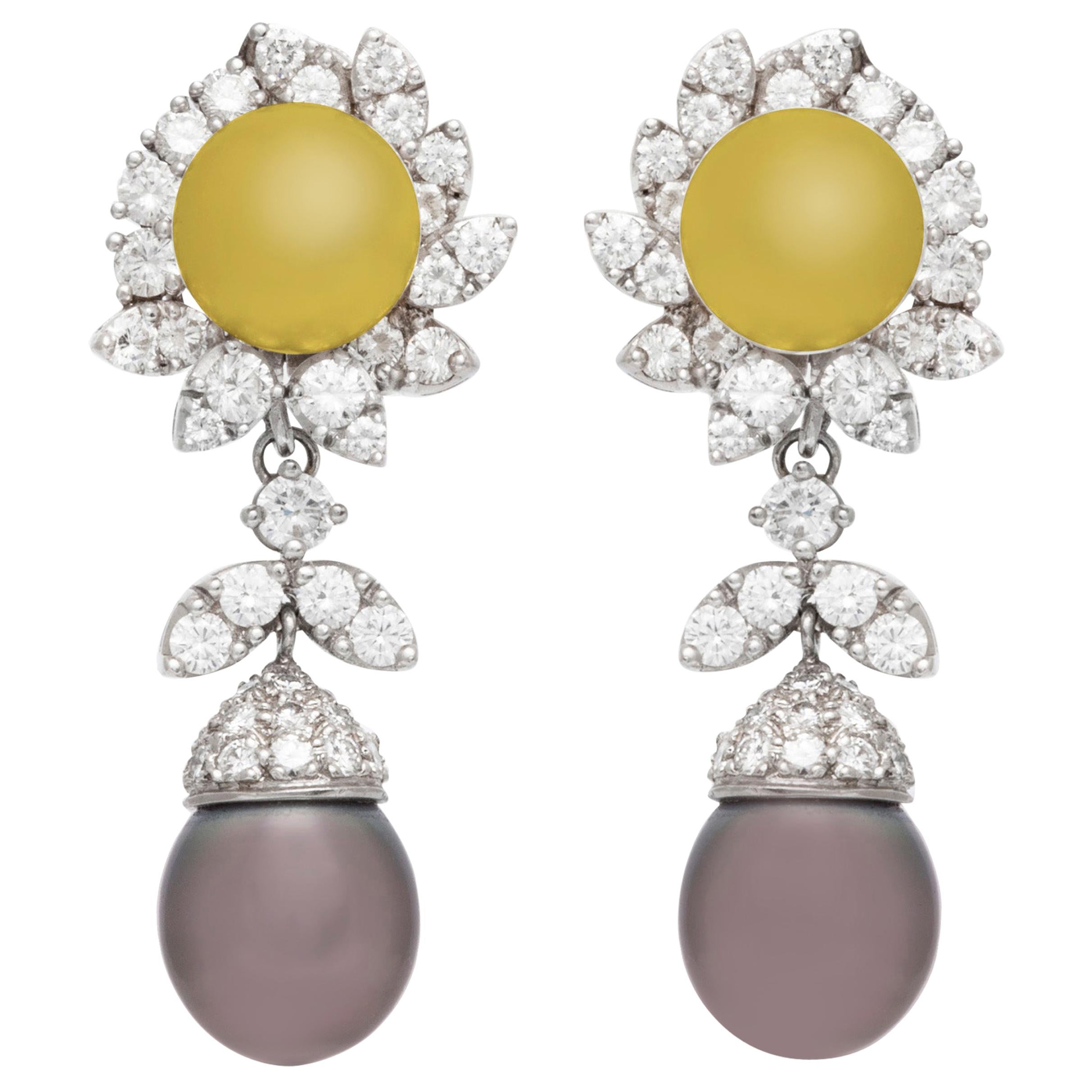 5.84 Carat Diamond and Tahitian Pearl Drop Earrings For Sale
