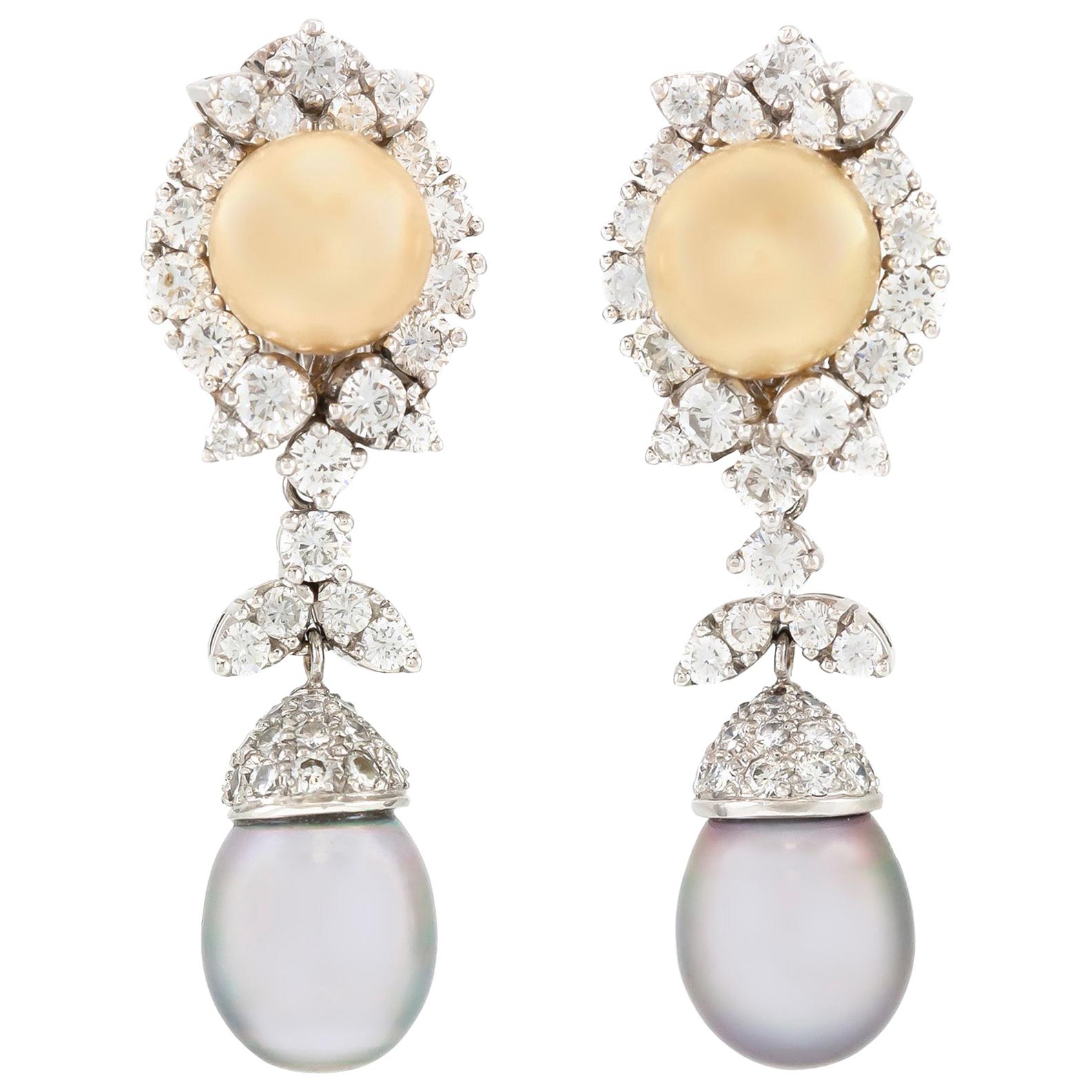 5.36 Carat Diamond and Tahitian Pearl Drop Earrings For Sale