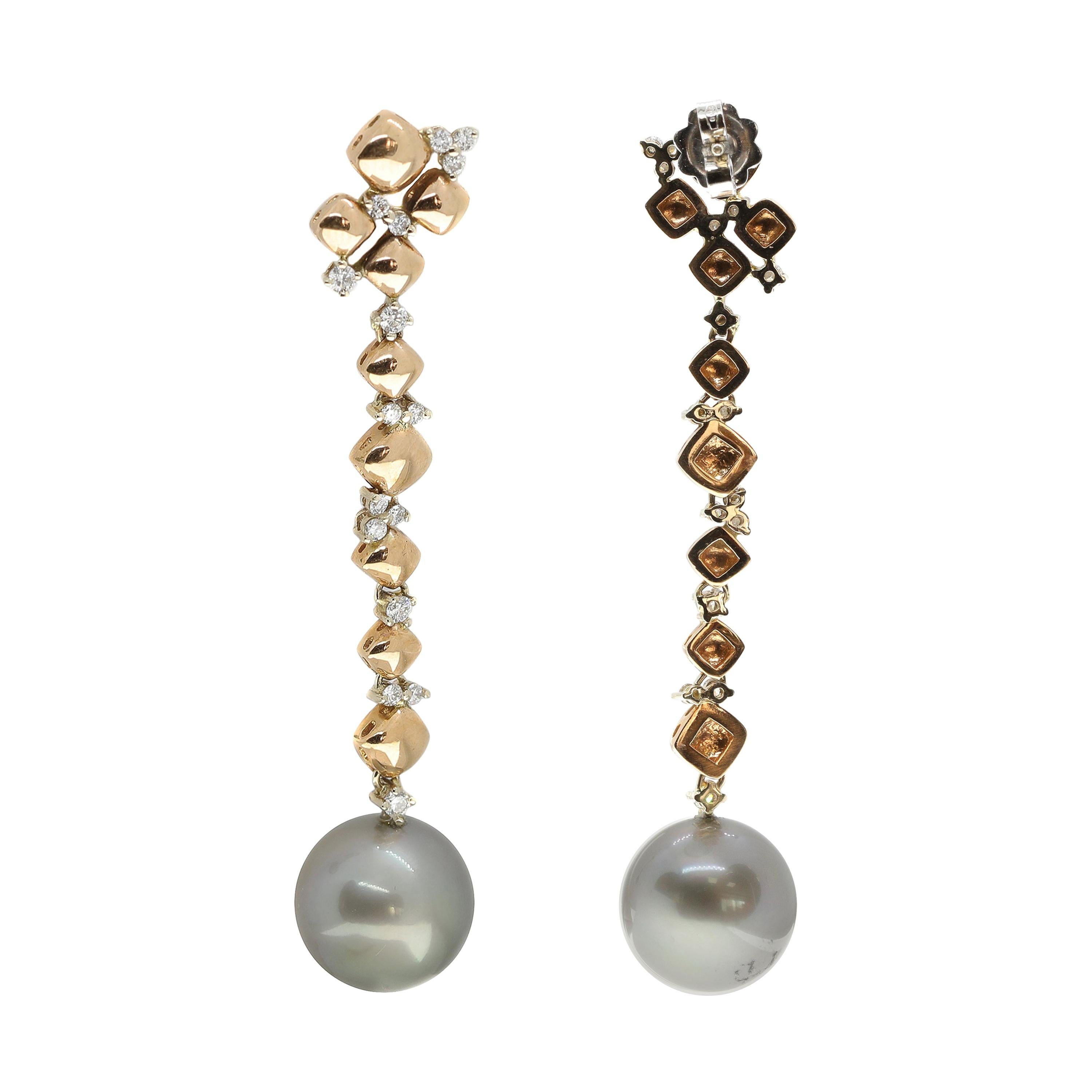 21st Century 18 Karat Rose and White Gold Tahitian Pearl Diamond Drop Earrings For Sale