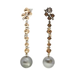 21st Century 18 Karat Rose and White Gold Tahitian Pearl Diamond Drop Earrings