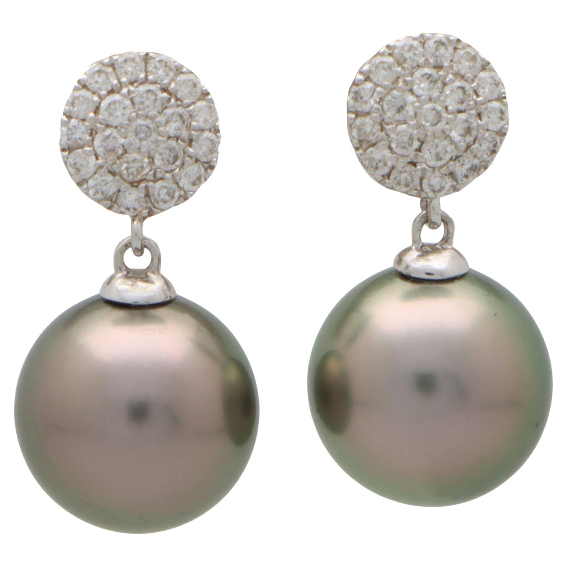 Tahitian Pearl and Diamond Drop Earrings Set in 18k White Gold