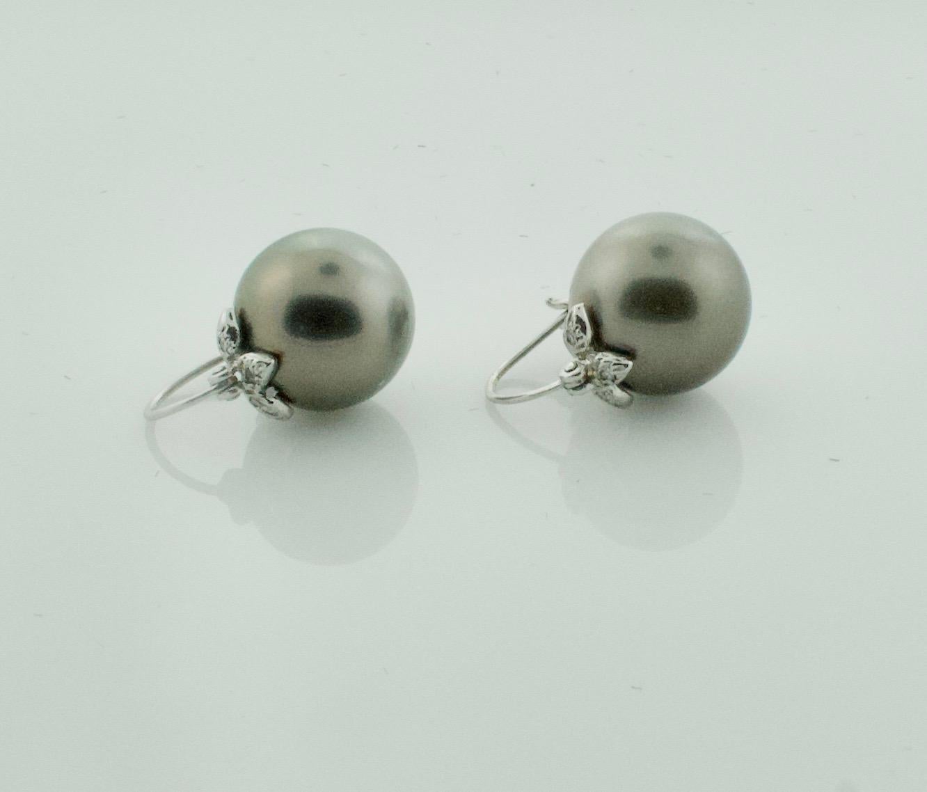 Tahitian Pearl and Diamond Earrings 13.5 mm in 18k White Gold
Six Round Brilliant Cut Diamonds Weighing .05 Carats Approximately 
