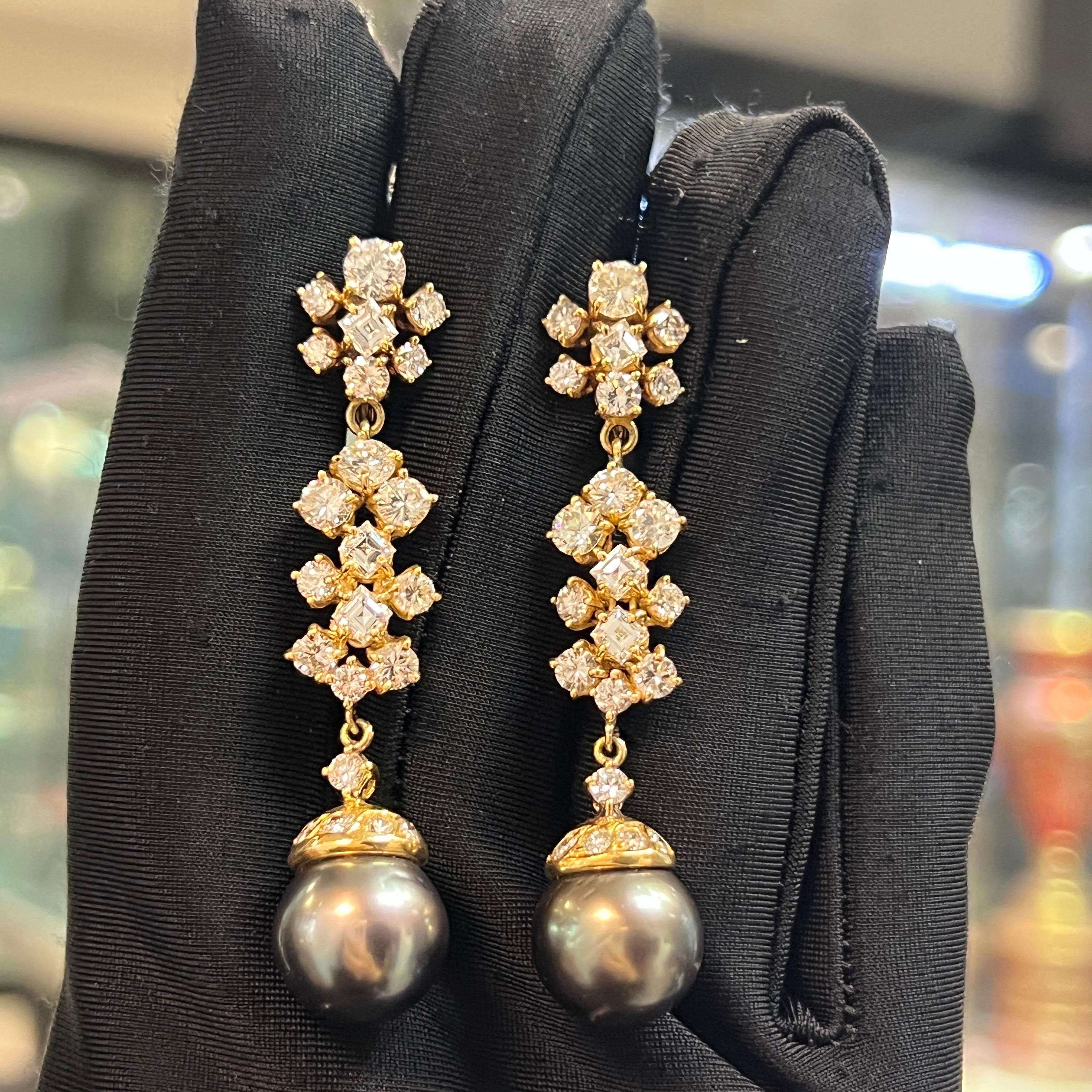 Mixed Cut Tahitian Pearl and Diamond Earrings For Sale