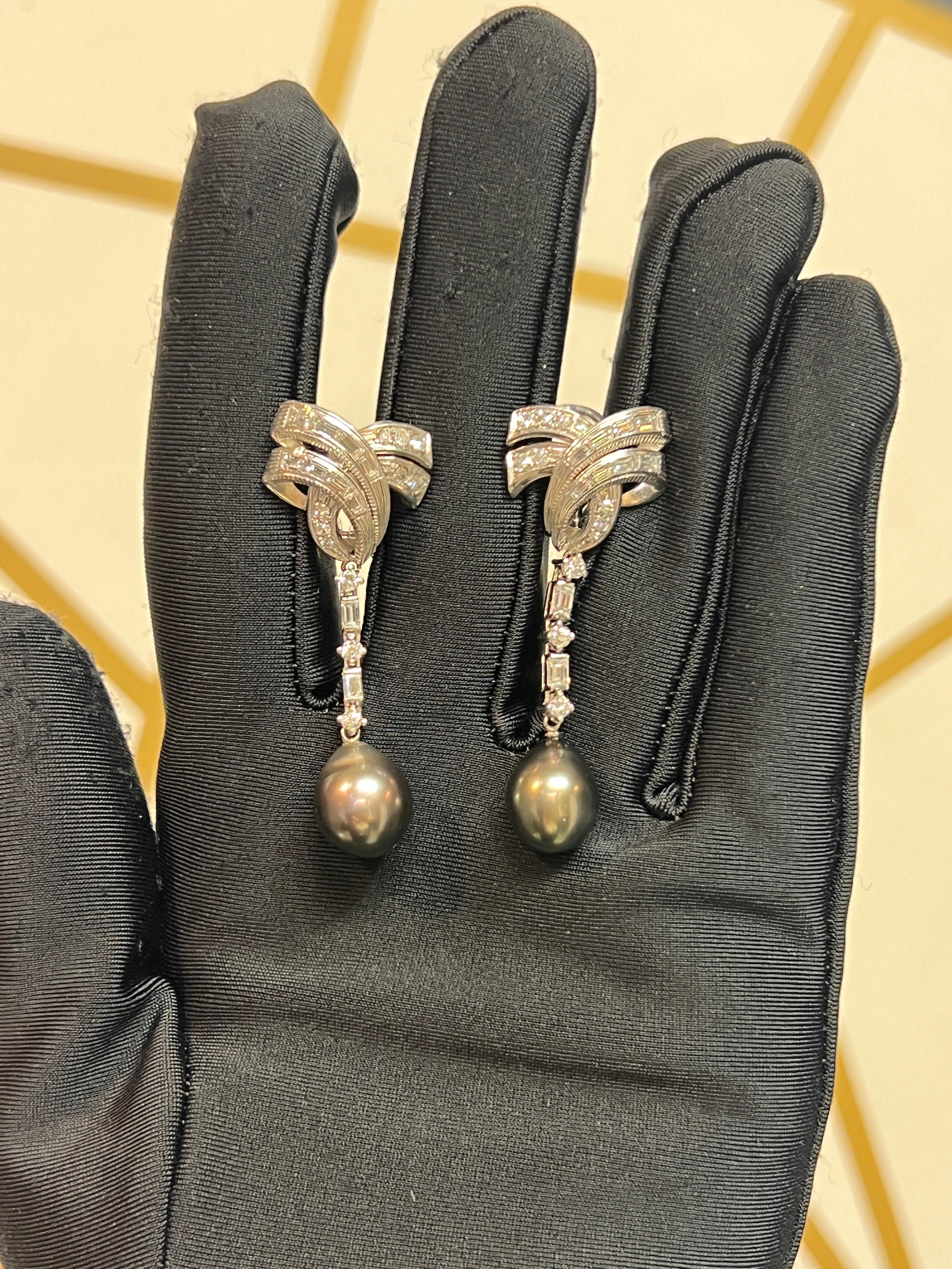 Mixed Cut Tahitian Pearl and Diamond Earrings For Sale