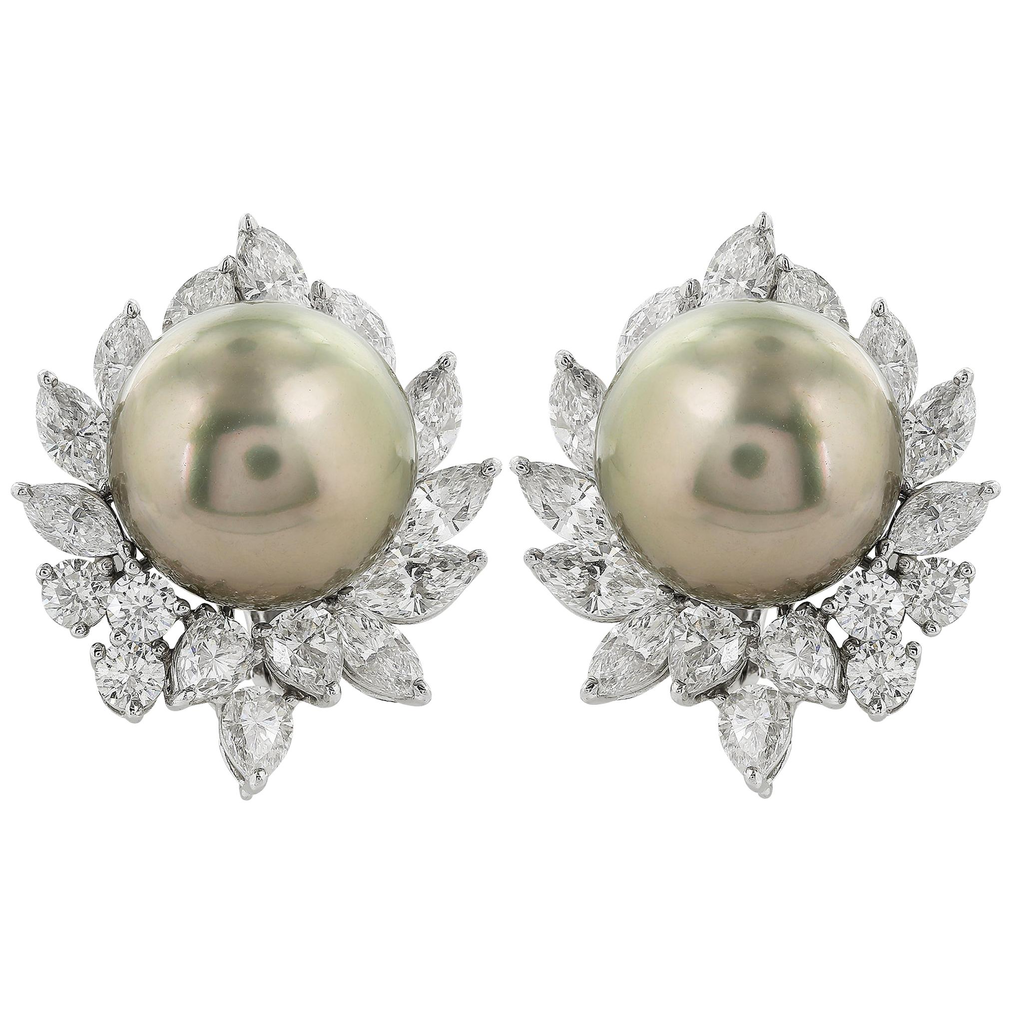 Tahitian Pearl and Diamond Earrings For Sale