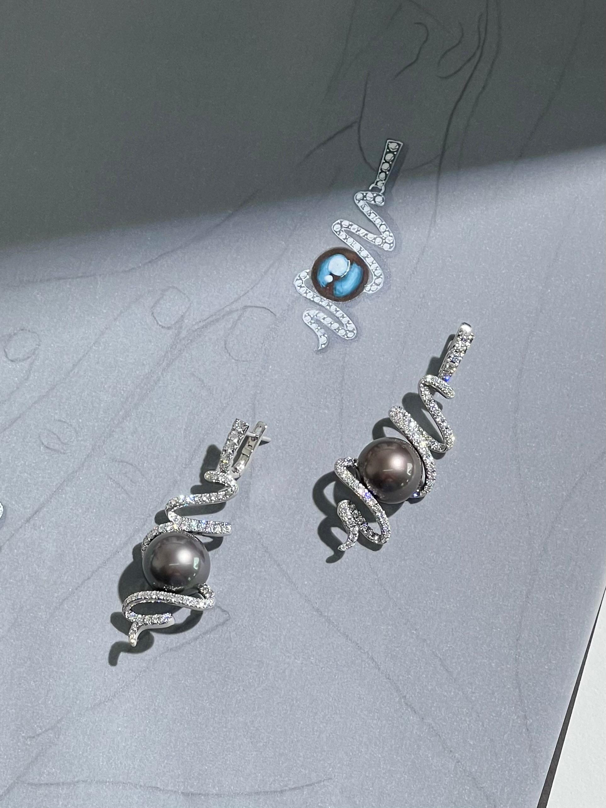 Round Cut Tahitian Pearl and Diamond Earrings in 18k White Gold  For Sale
