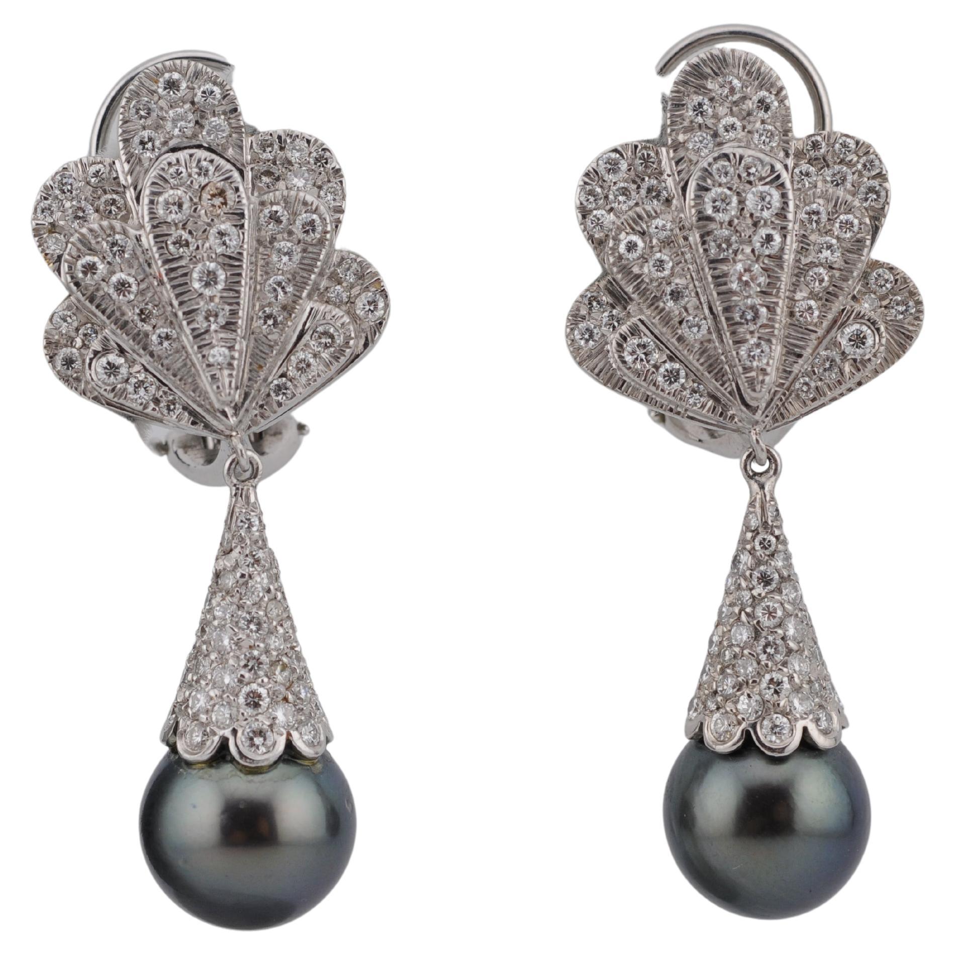 Boucles d'oreilles en or blanc 18k avec perles de Tahiti et diamants