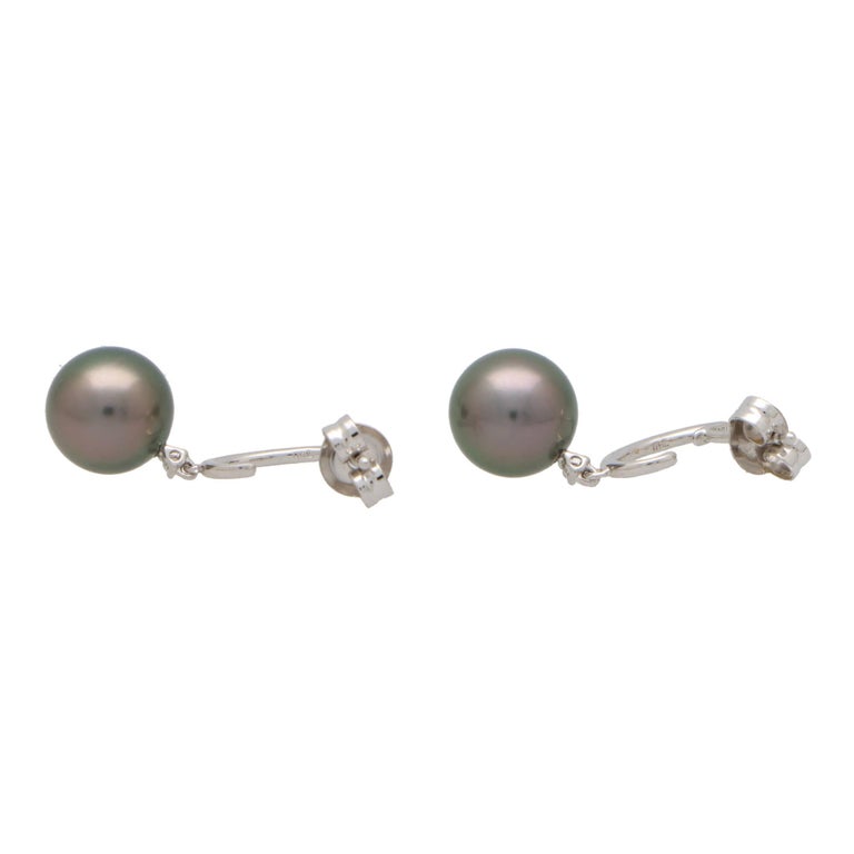 Round Cut Tahitian Pearl and Diamond Hoop Earrings Set in 18k White Gold For Sale