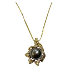 Retro Tahitian Pearl and Diamond Necklace