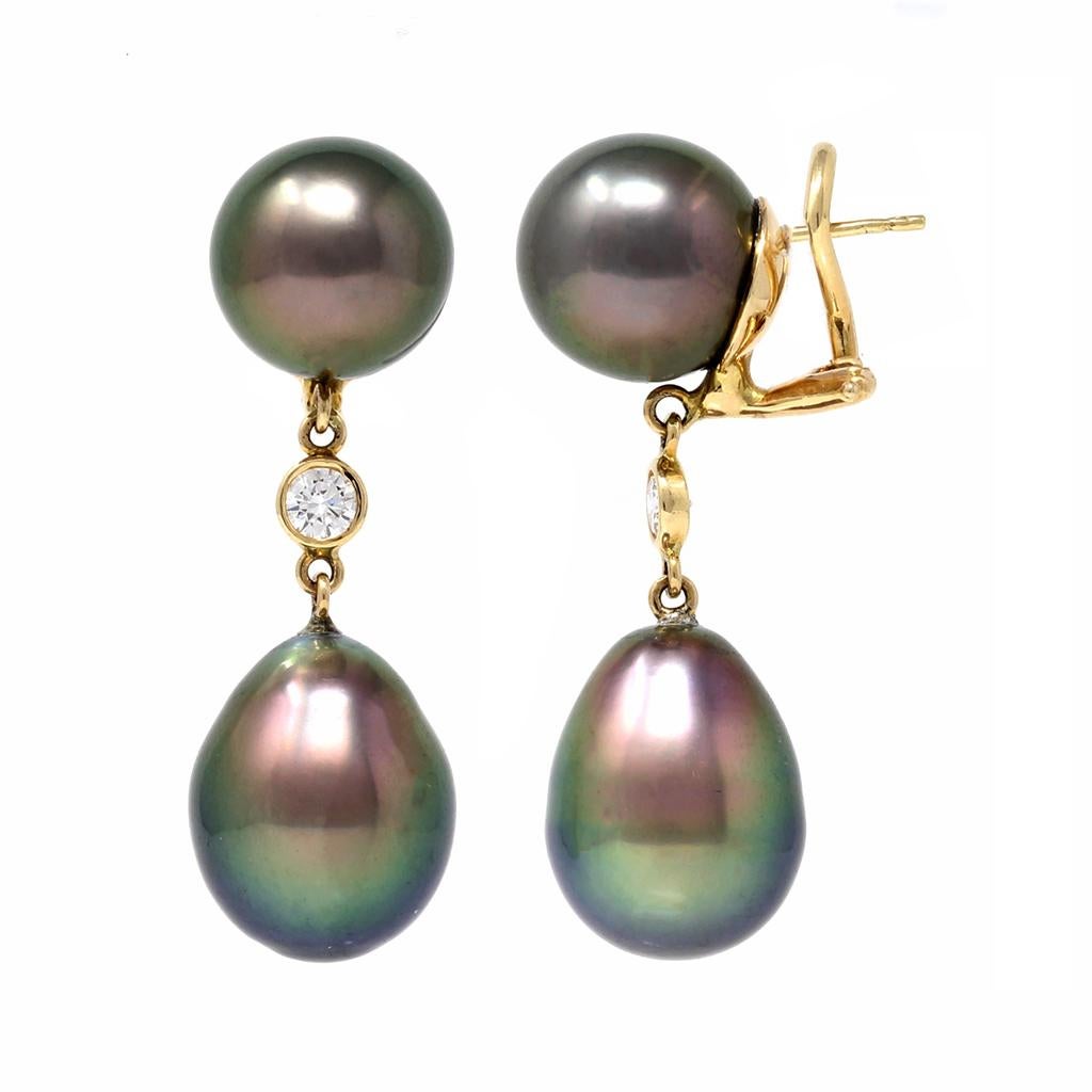 Pair of 18 karat yellow gold, Tahitian pearl and diamond pendant earclips, designed as drops set with 2 round Tahitian pearls measuring 11.7 and 11.6 mm., and 2 drop-shaped Tahitian pearls measuring 12.7 by 15.6 mm. and 12.3 by 15.8 mm., accented by