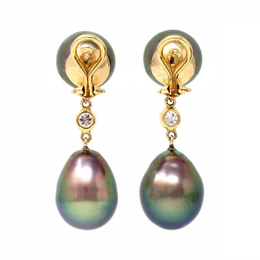 Round Cut Tahitian Pearl and Diamond Pendant Earclips