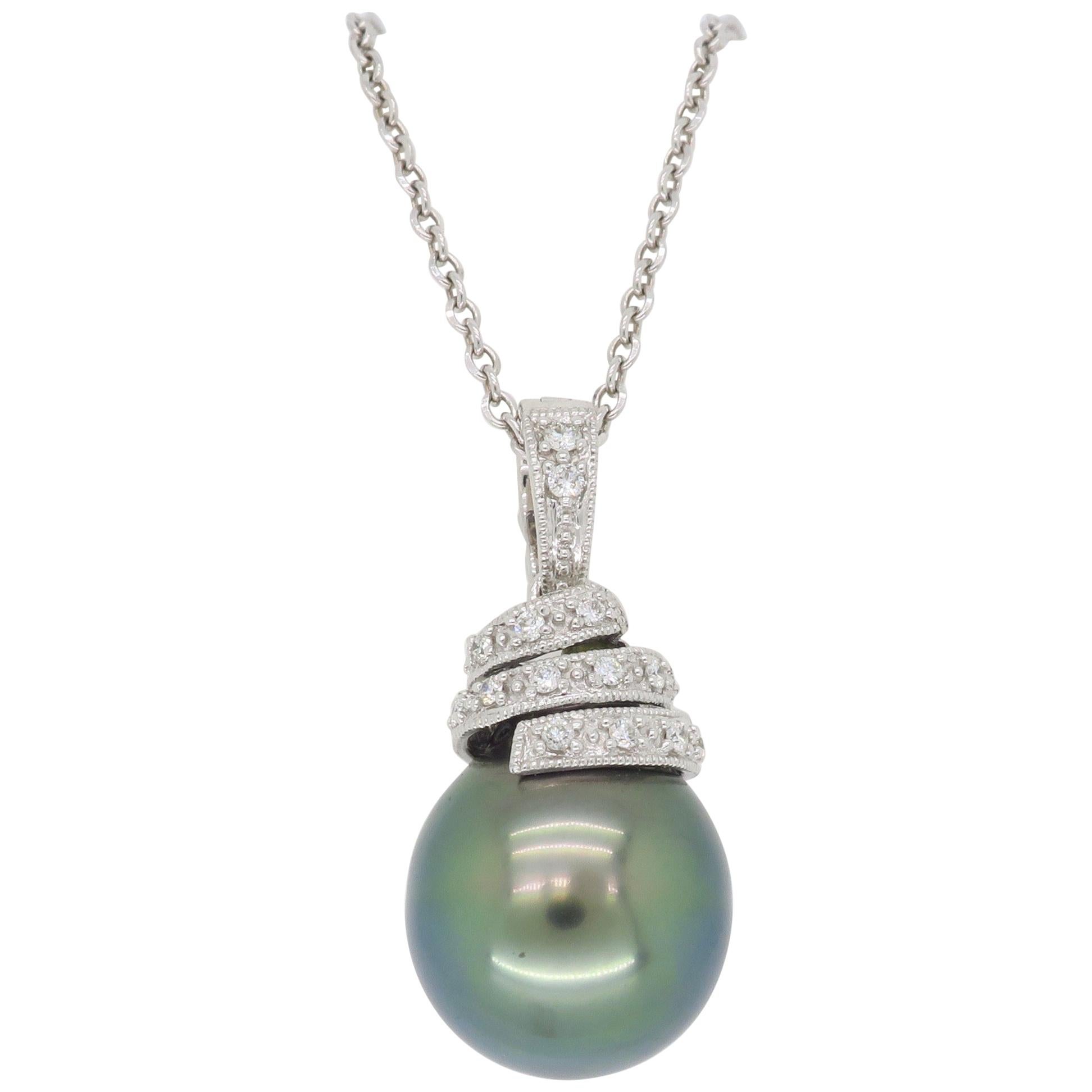 Tahitian Pearl and Diamond Pendant Necklace in 18 Karat White Gold